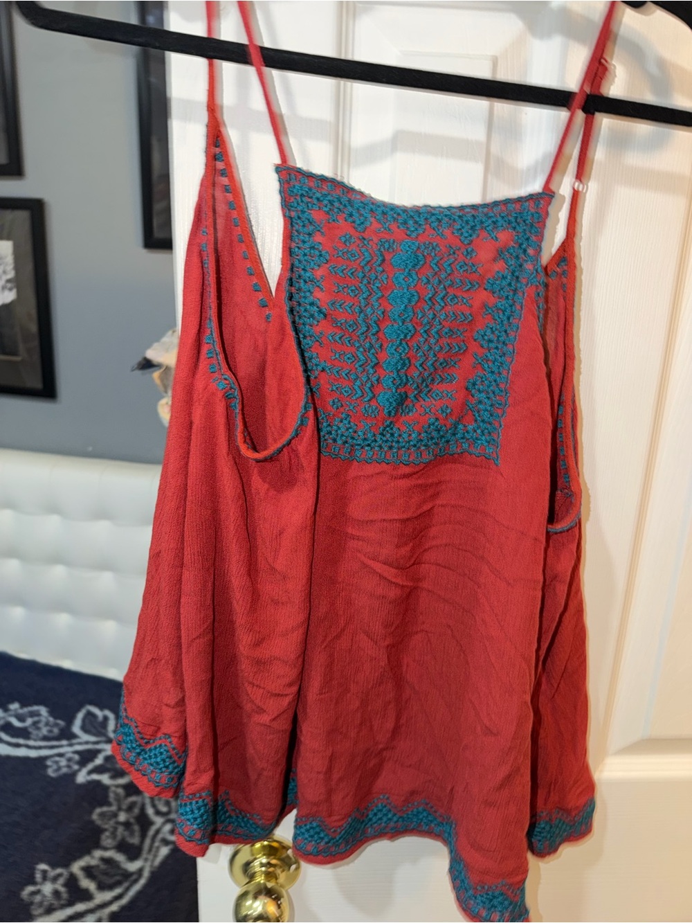 Ecote Red Embroidered Spaghetti Strap Top with Teal Accents and Open Back